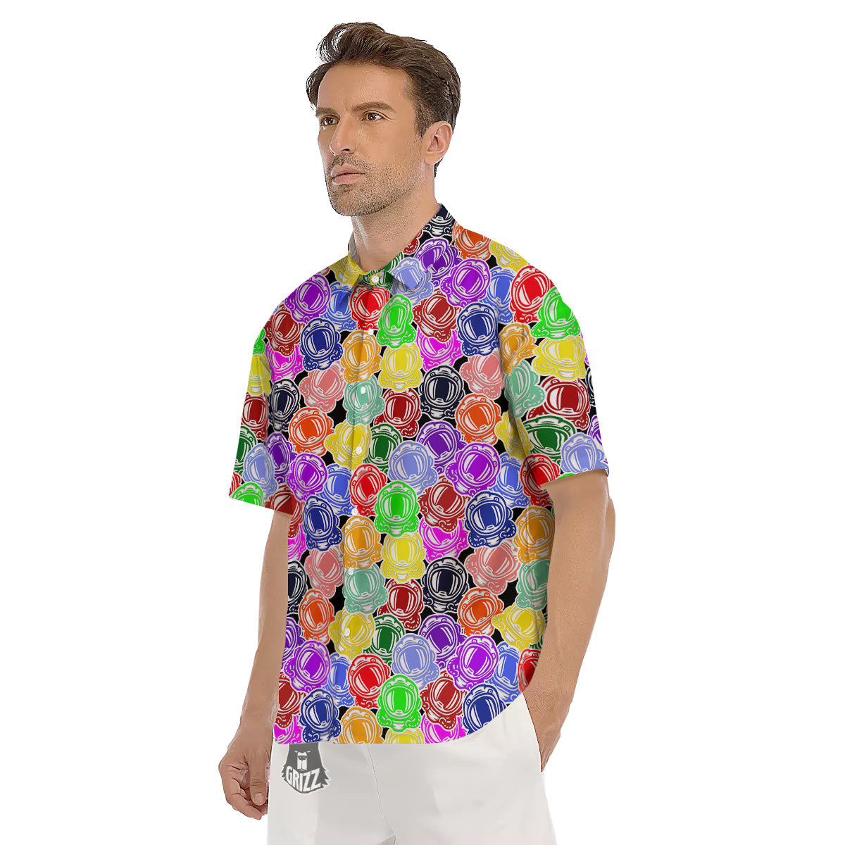 Astronaut Helmet Colorful Print Pattern Men's Short Sleeve Shirts-grizzshop