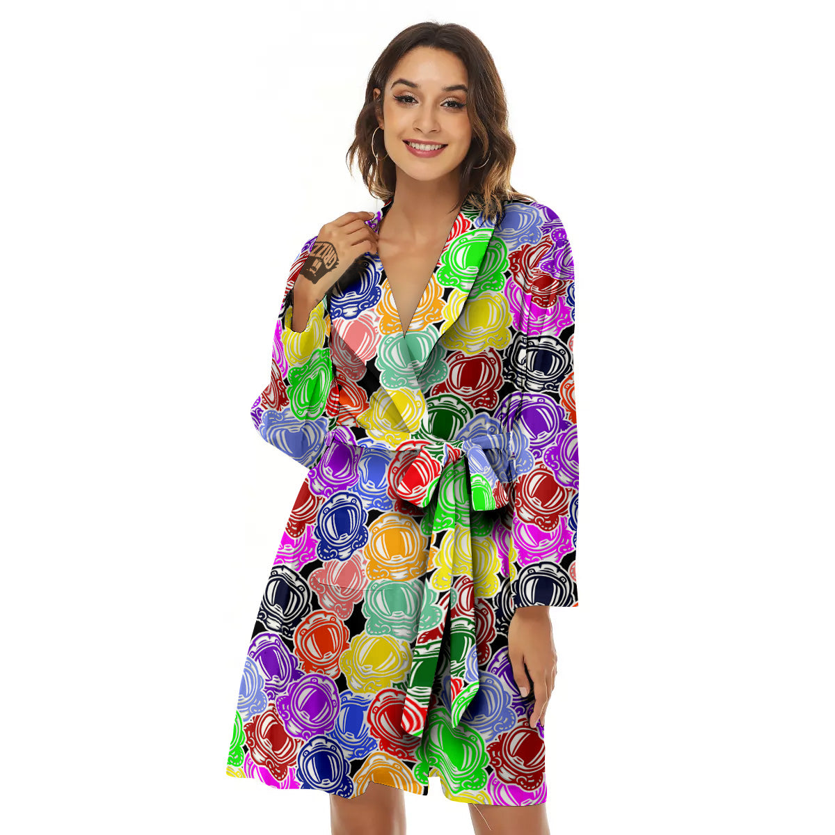 Astronaut Helmet Colorful Print Pattern Women's Robe-grizzshop
