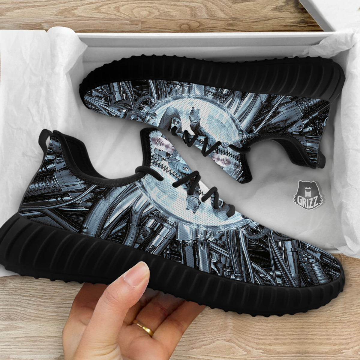Astronaut In Machine Print Black Walking Shoes-grizzshop