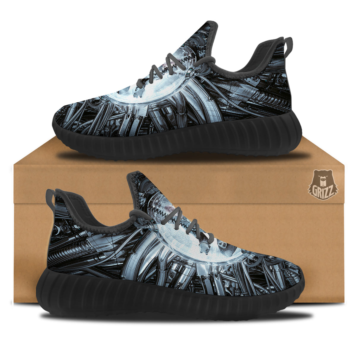 Astronaut In Machine Print Black Walking Shoes-grizzshop