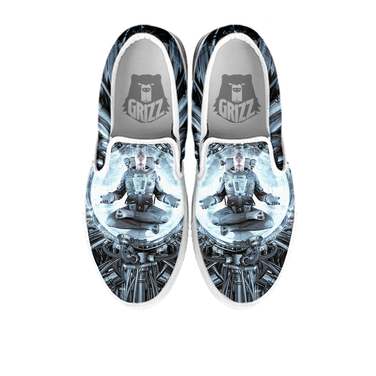Astronaut In Machine Print White Slip On Shoes-grizzshop