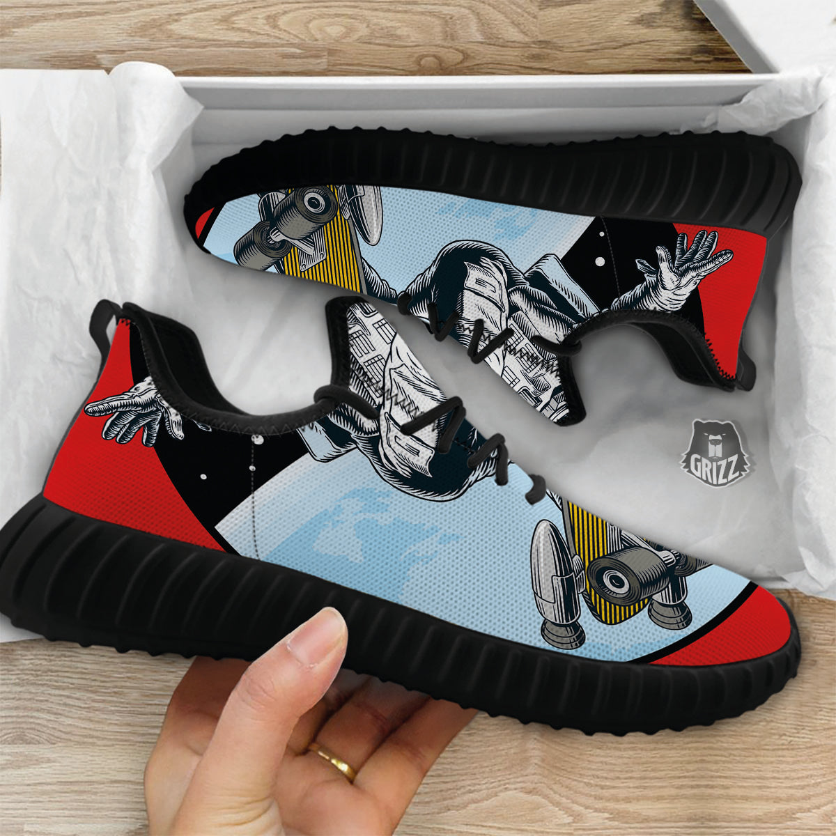 Astronaut Skateboard Print Black Walking Shoes-grizzshop