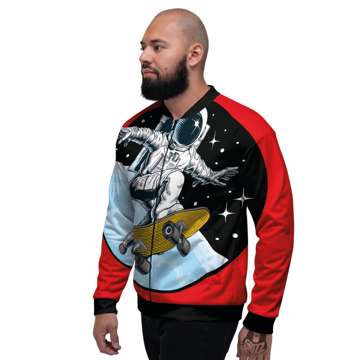 Astronaut Skateboard Print Men's Bomber Jacket-grizzshop