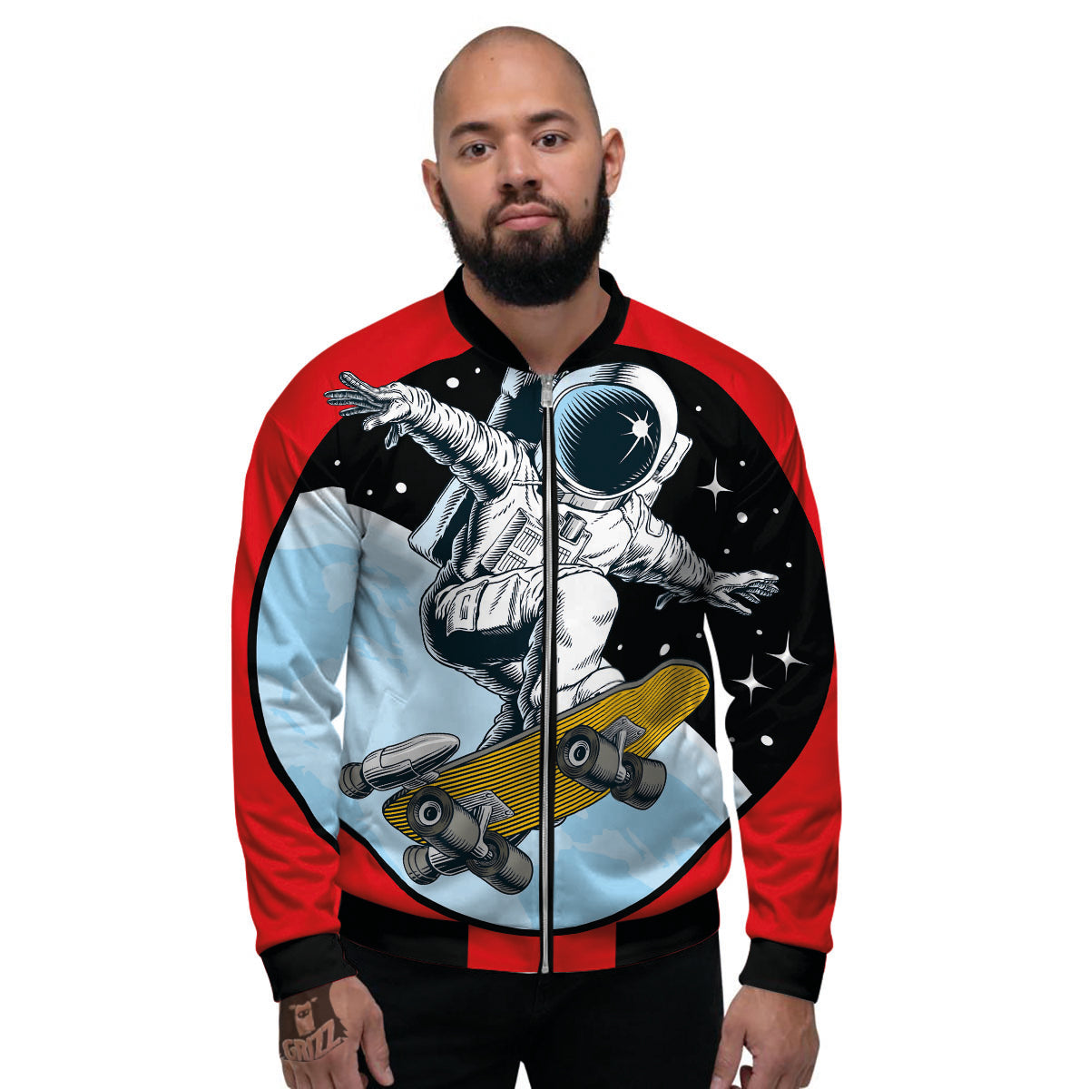 Astronaut Skateboard Print Men's Bomber Jacket-grizzshop