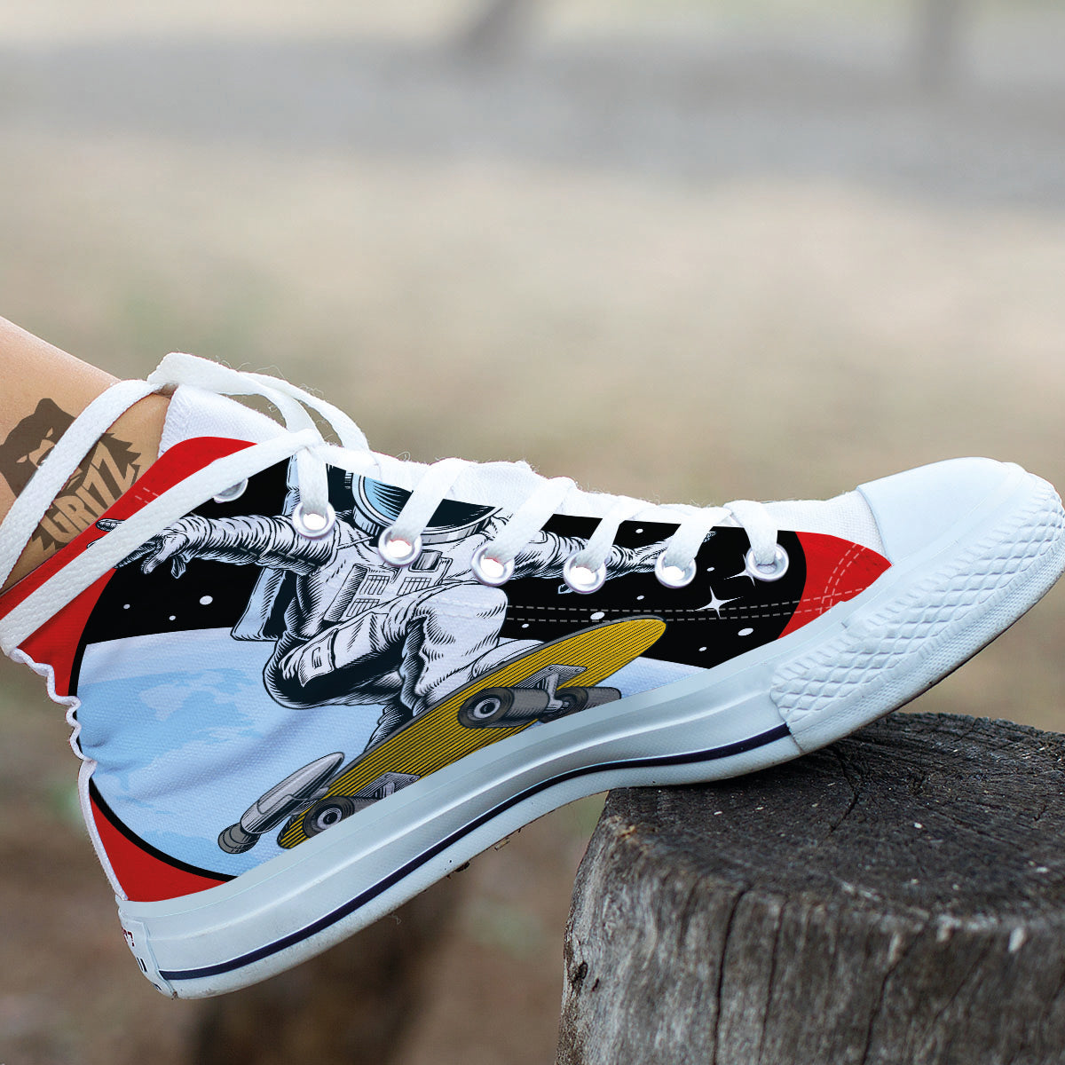 Astronaut Skateboard Print White High Top Shoes-grizzshop
