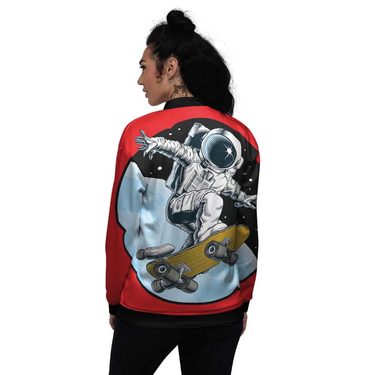 Astronaut Skateboard Print Women's Bomber Jacket-grizzshop