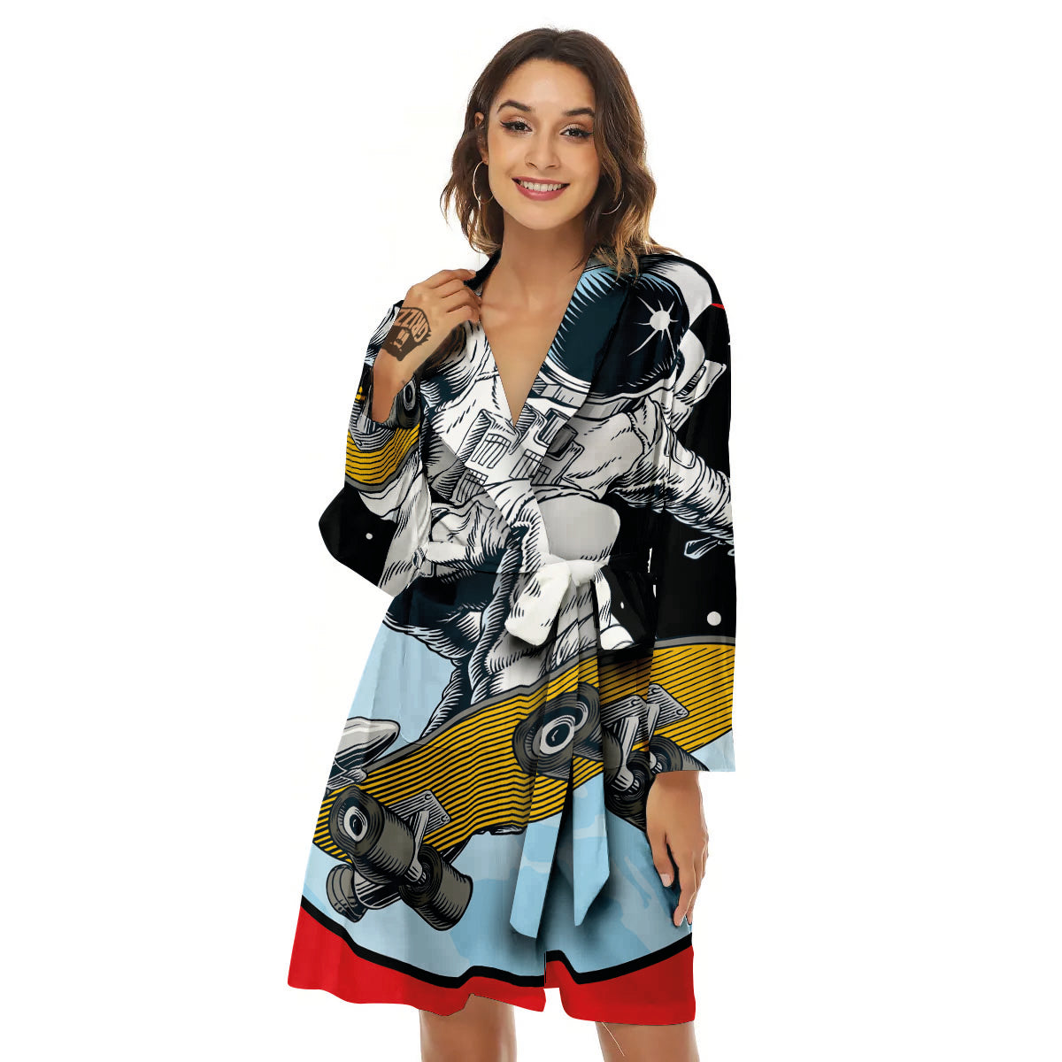 Astronaut Skateboard Print Women's Robe-grizzshop