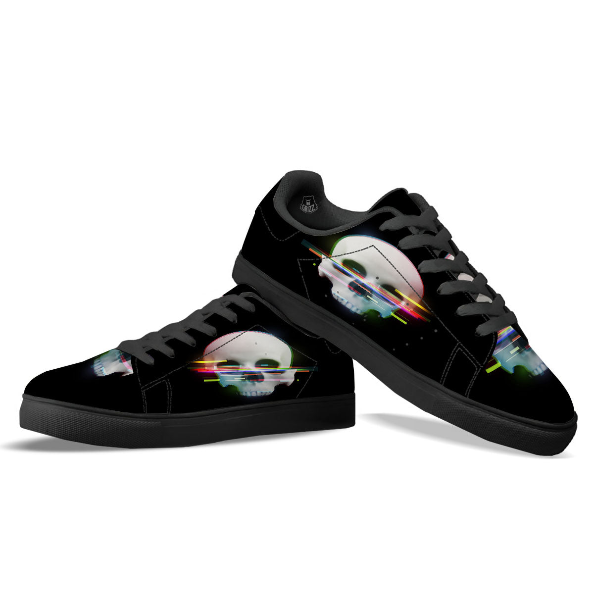 Astronaut Skull Digital Glitch Print Black Low Top Sneakers-grizzshop