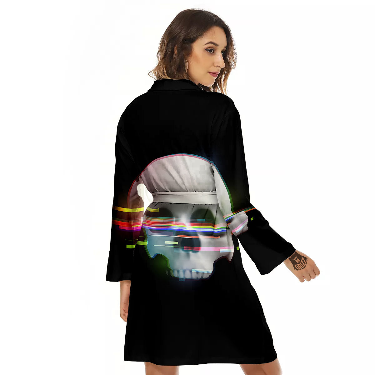 Astronaut Skull Digital Glitch Print Women's Robe-grizzshop