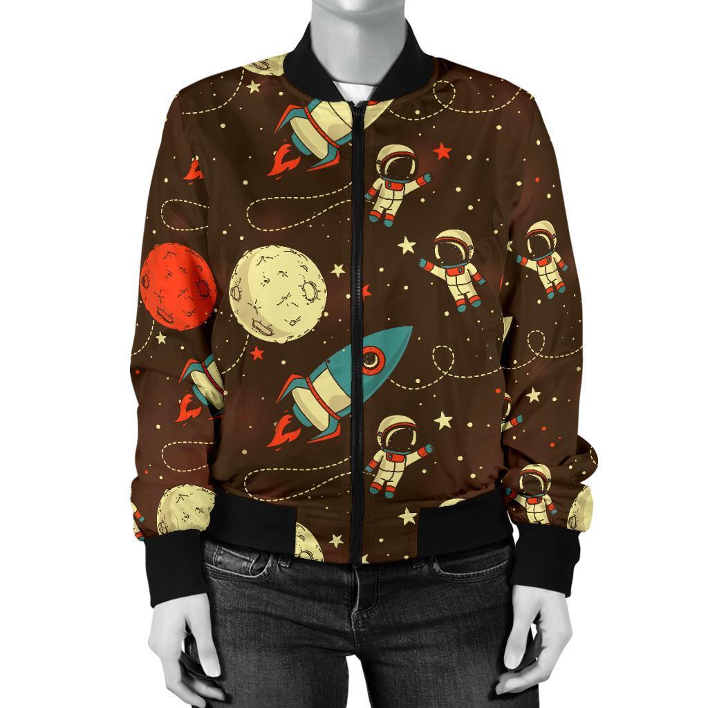 Astronaut Space Pattern Print Women Casual Bomber Jacket-grizzshop