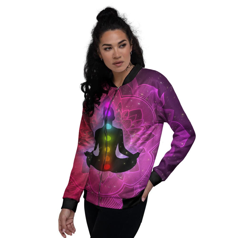 Aura Mandala Chakras Print Women's Bomber Jacket-grizzshop