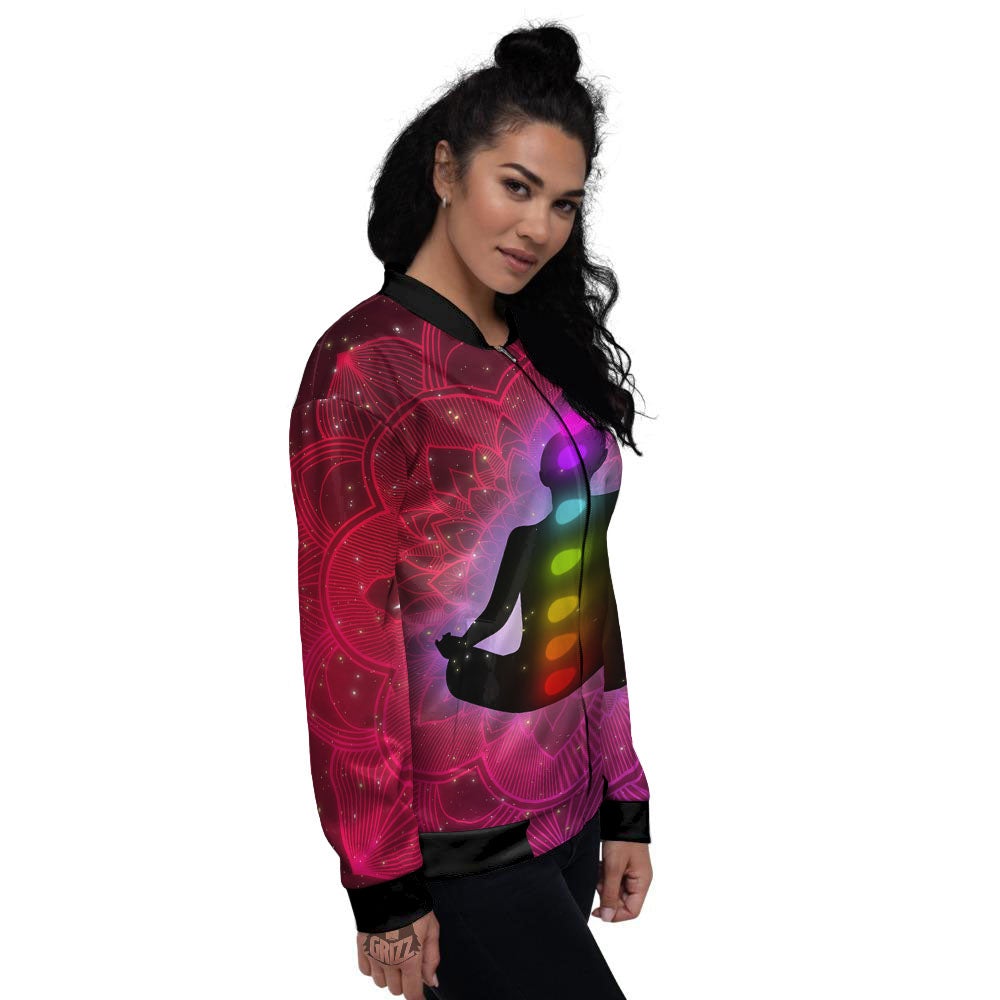 Aura Mandala Chakras Print Women's Bomber Jacket-grizzshop