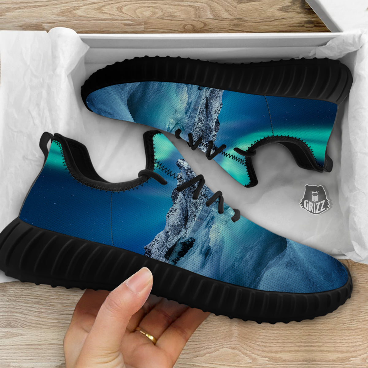 Aurora Borealis Blue Print Black Walking Shoes-grizzshop