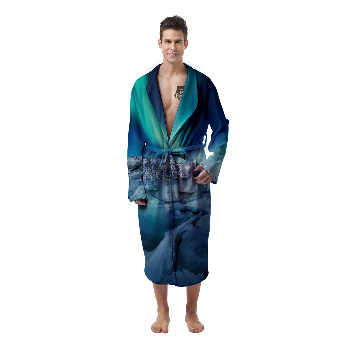 Aurora Borealis Blue Print Men's Robe-grizzshop
