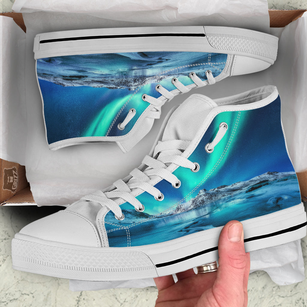 Aurora Borealis Blue Print White High Top Shoes-grizzshop