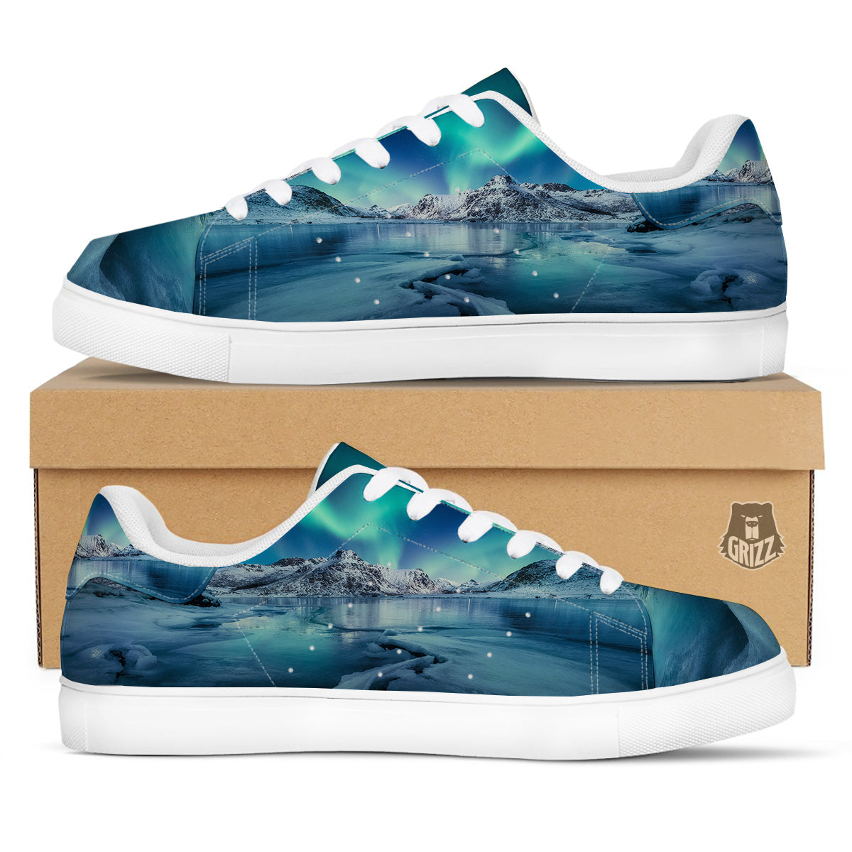 Aurora Borealis Blue Print White Low Top Sneakers-grizzshop