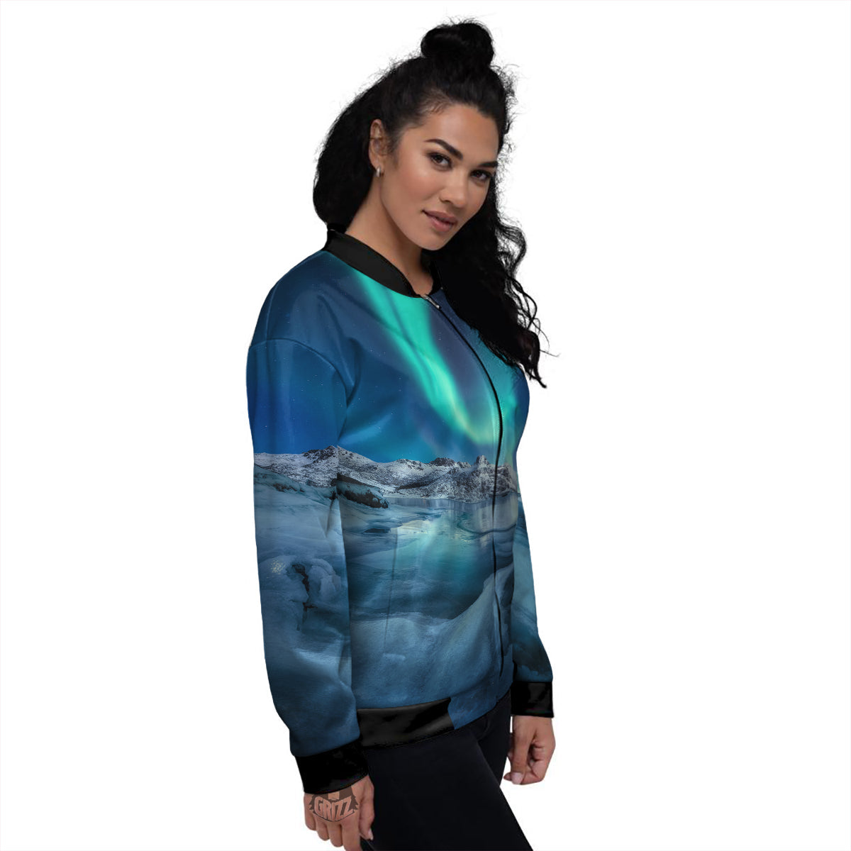 Aurora Borealis Blue Print Women's Bomber Jacket-grizzshop
