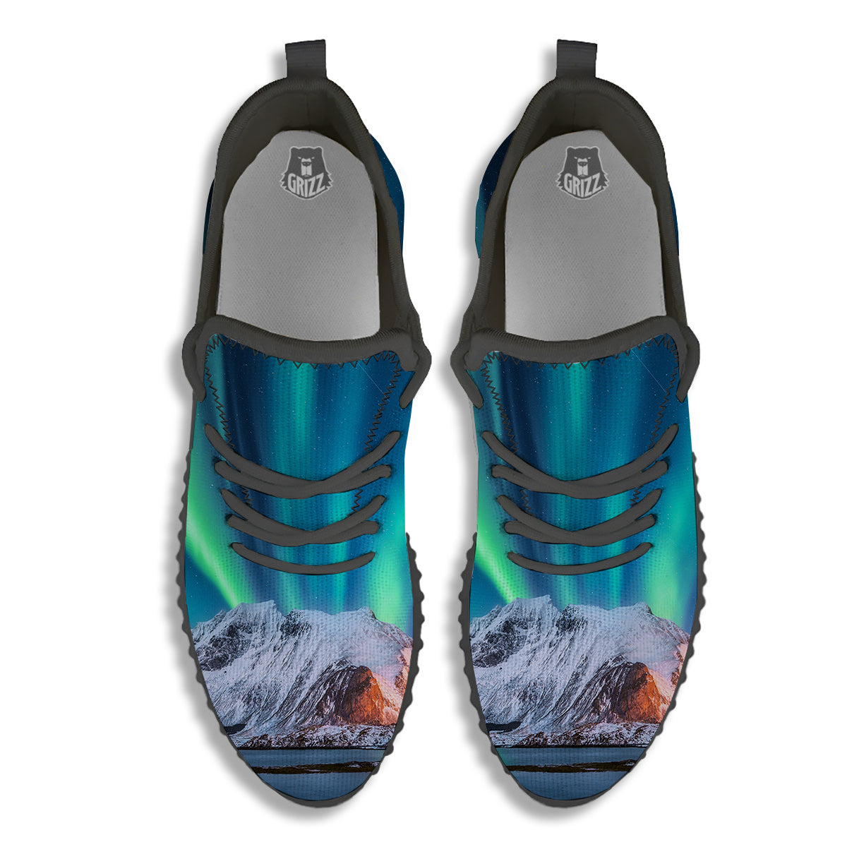 Aurora Green Northern Lights Print Black Walking Shoes-grizzshop