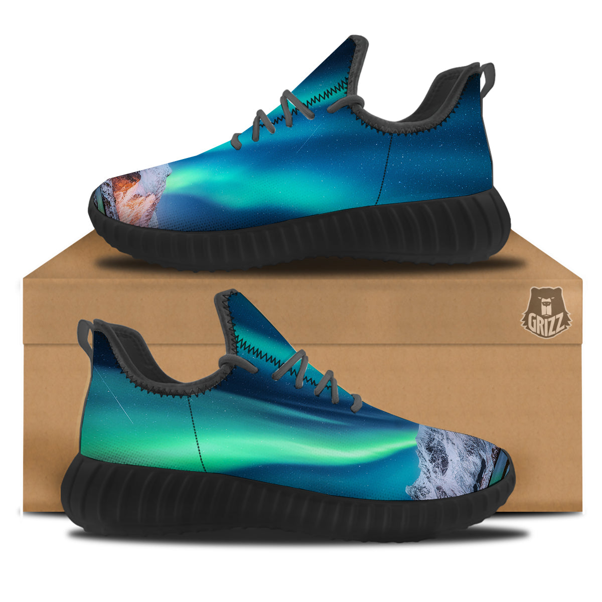 Aurora Green Northern Lights Print Black Walking Shoes-grizzshop