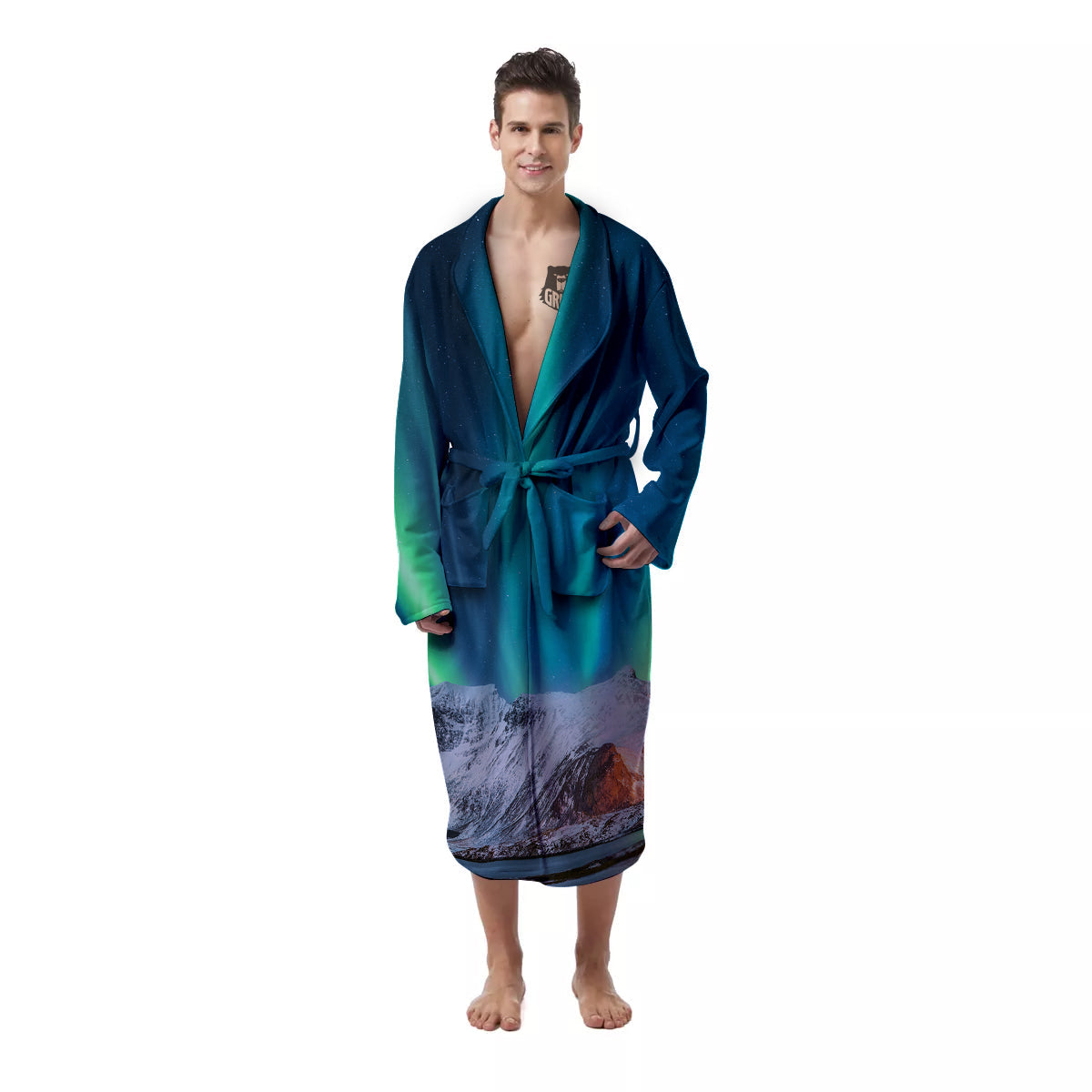 Aurora Green Northern Lights Print Men's Robe-grizzshop