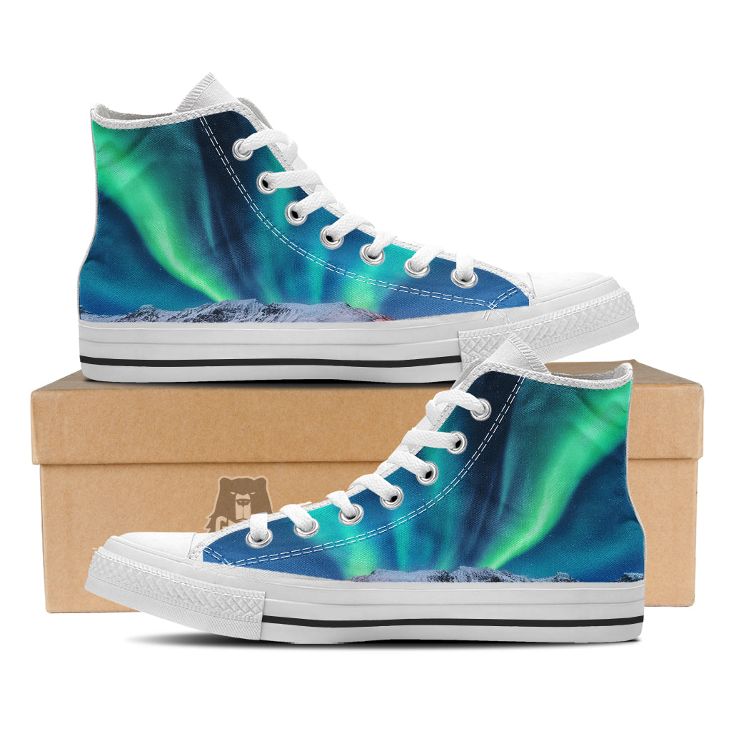 Aurora Green Northern Lights Print White High Top Shoes-grizzshop