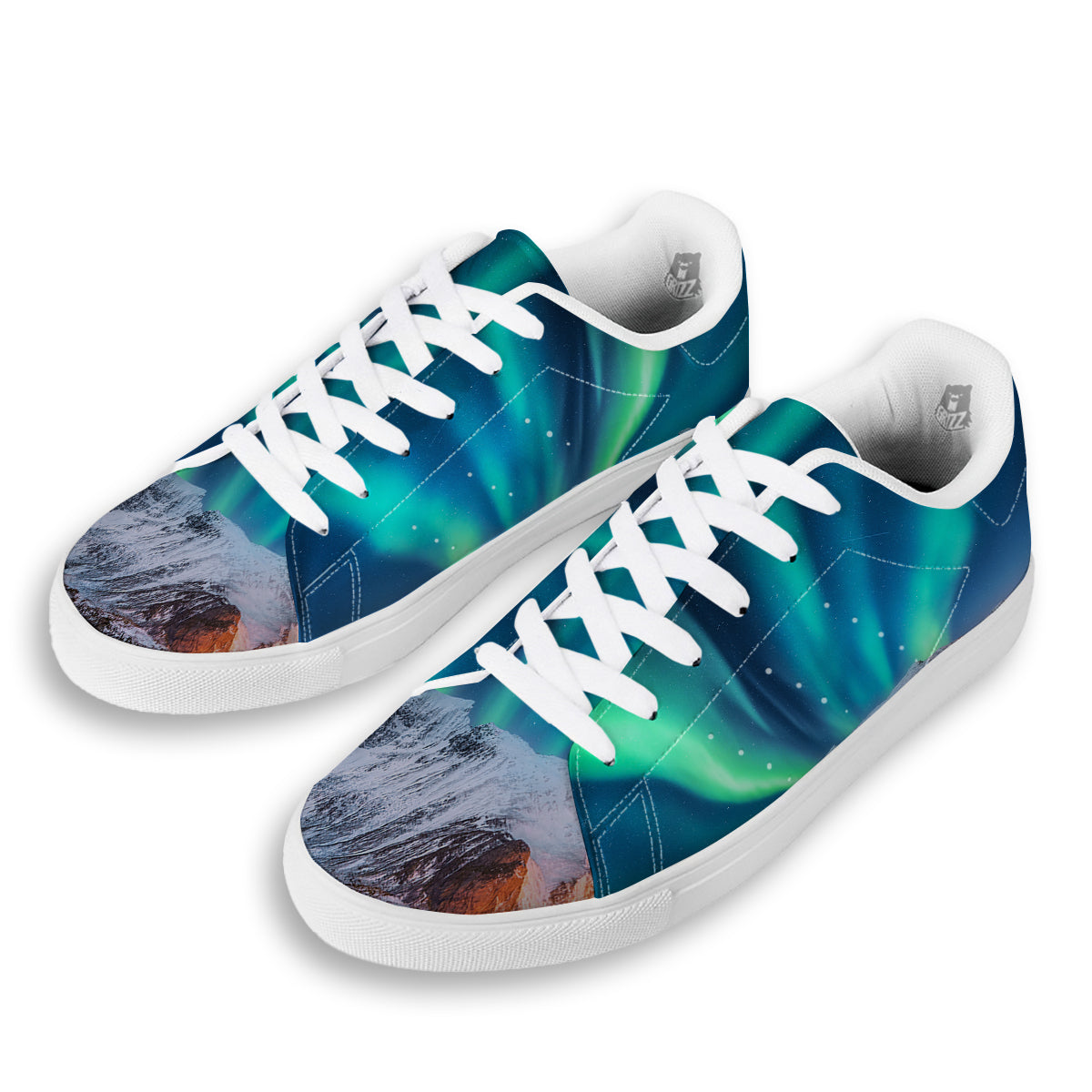 Aurora Green Northern Lights Print White Low Top Sneakers-grizzshop