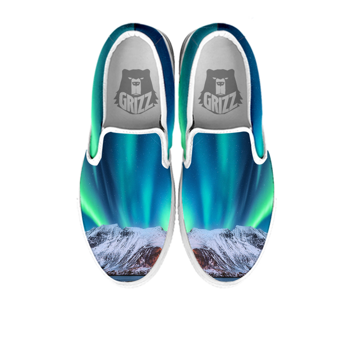 Aurora Green Northern Lights Print White Slip On Shoes-grizzshop