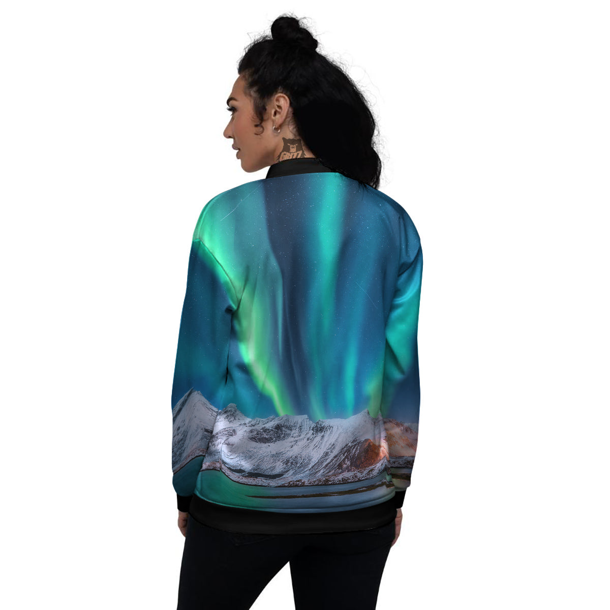 Aurora Green Northern Lights Print Women's Bomber Jacket-grizzshop
