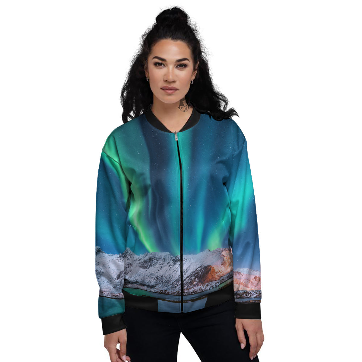 Aurora Green Northern Lights Print Women's Bomber Jacket-grizzshop