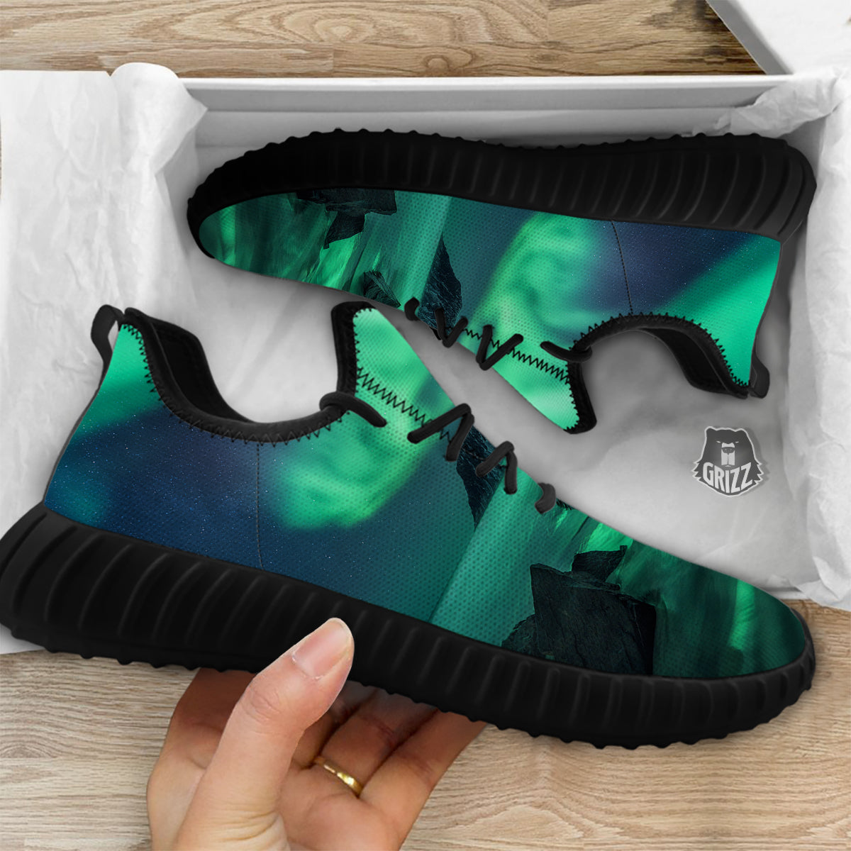 Aurora Northern Lights Print Black Walking Shoes-grizzshop