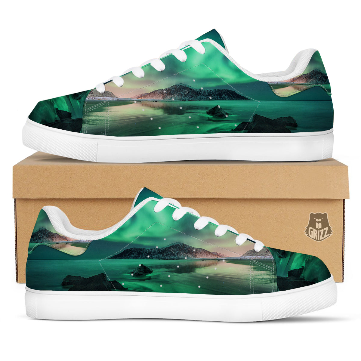 Aurora Northern Lights Print White Low Top Sneakers-grizzshop