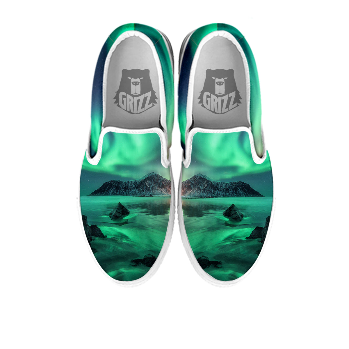 Aurora Northern Lights Print White Slip On Shoes-grizzshop