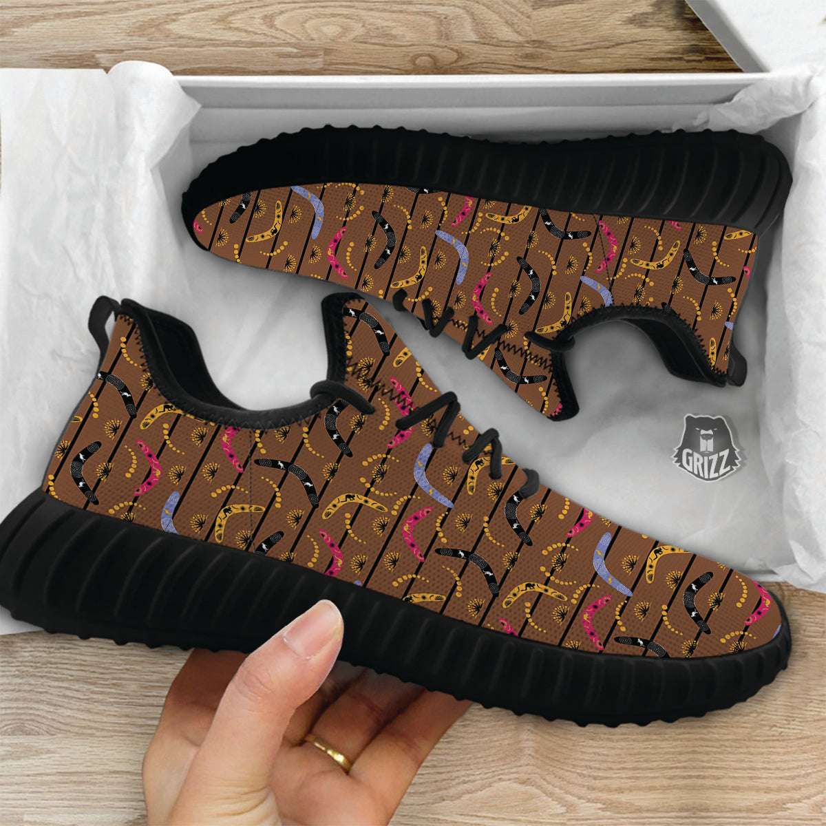 Australian Boomerangs Print Pattern Black Walking Shoes-grizzshop