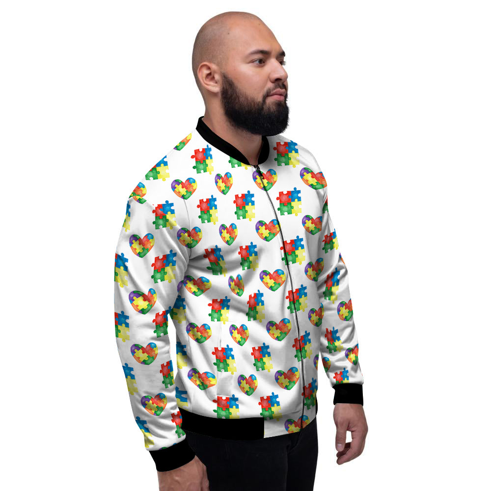 Autism Awareness Heart Print Pattern Men's Bomber Jacket-grizzshop
