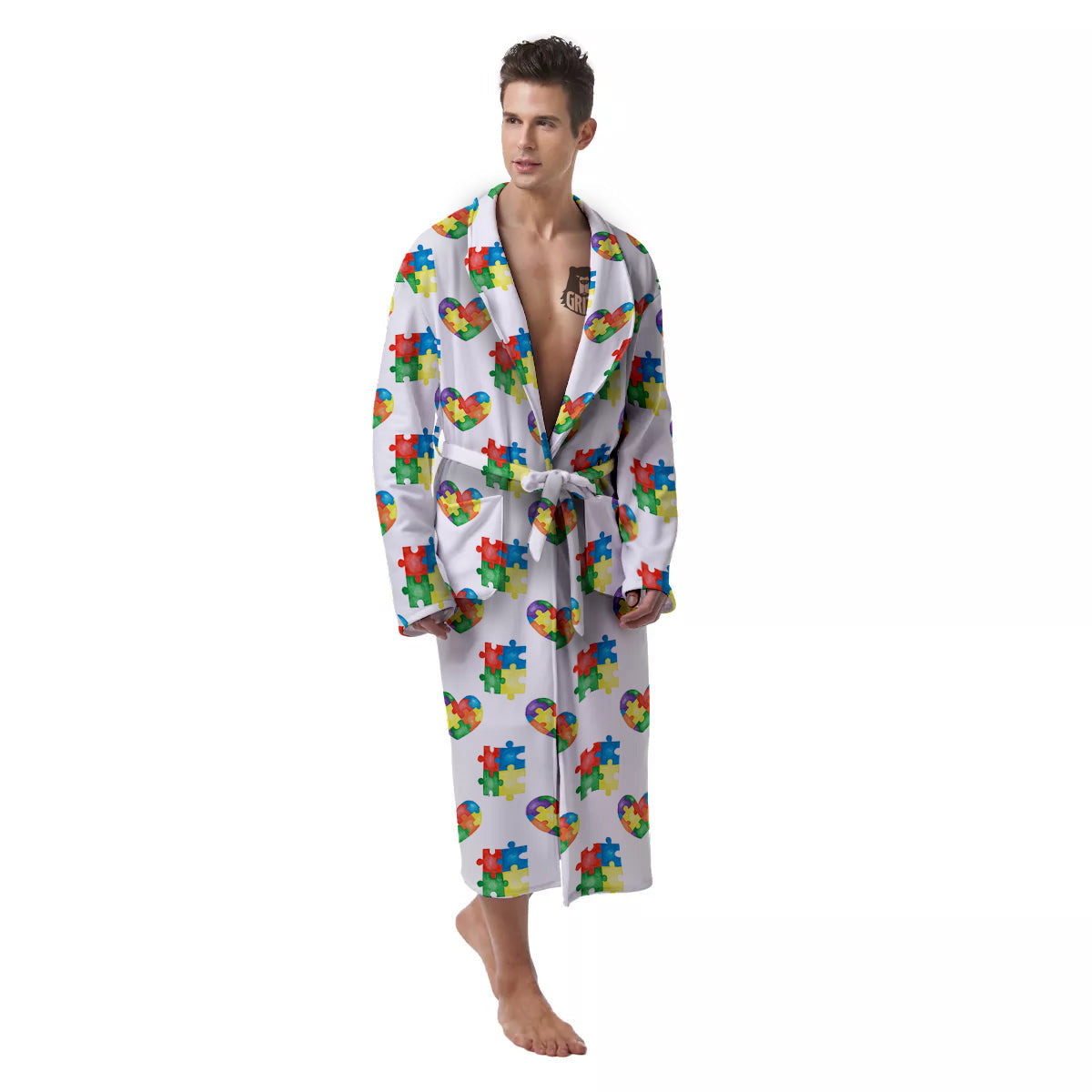 Autism Awareness Heart Print Pattern Men's Robe-grizzshop