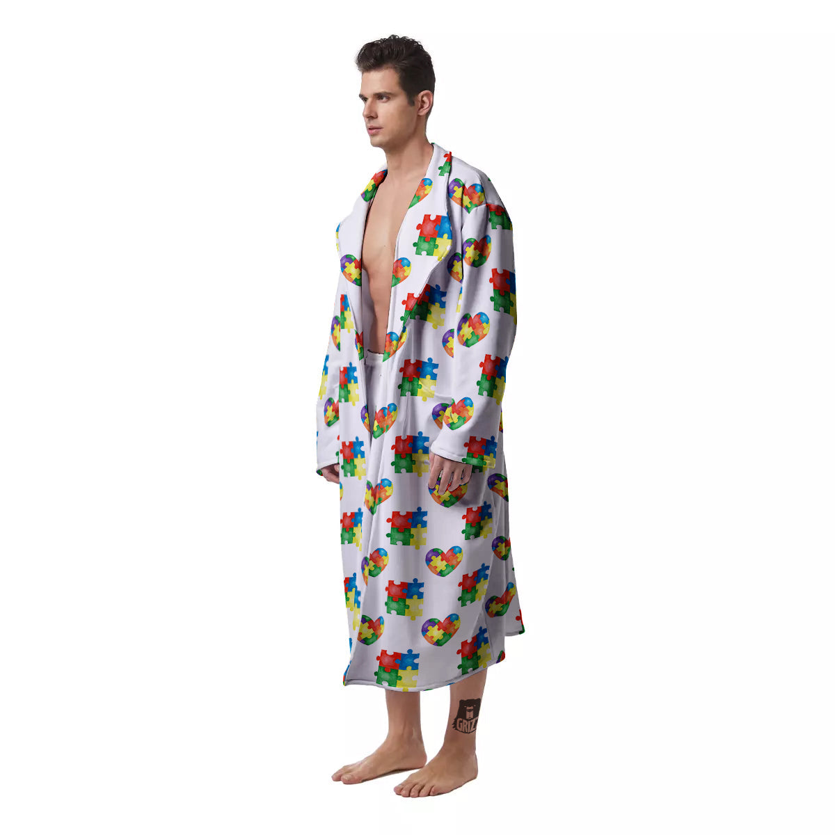 Autism Awareness Heart Print Pattern Men's Robe-grizzshop