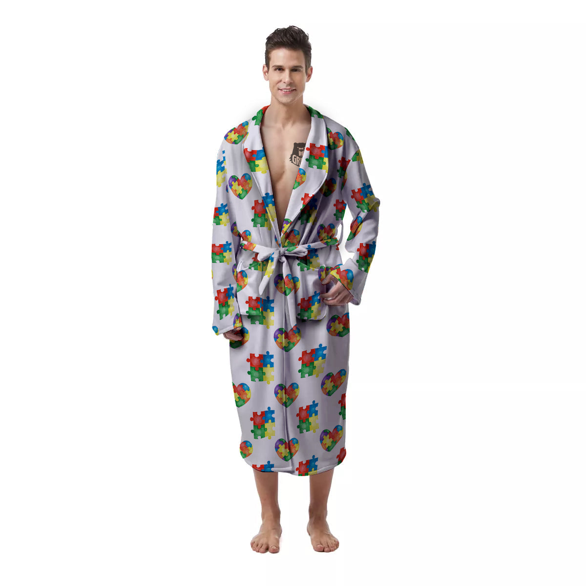 Autism Awareness Heart Print Pattern Men's Robe-grizzshop