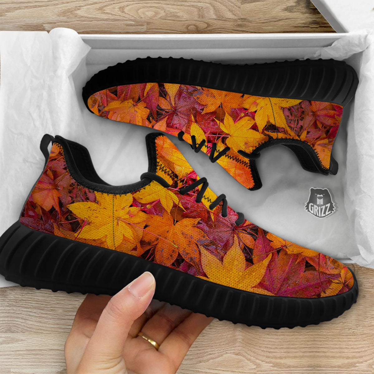 Autumn Leaves Print Black Walking Shoes-grizzshop