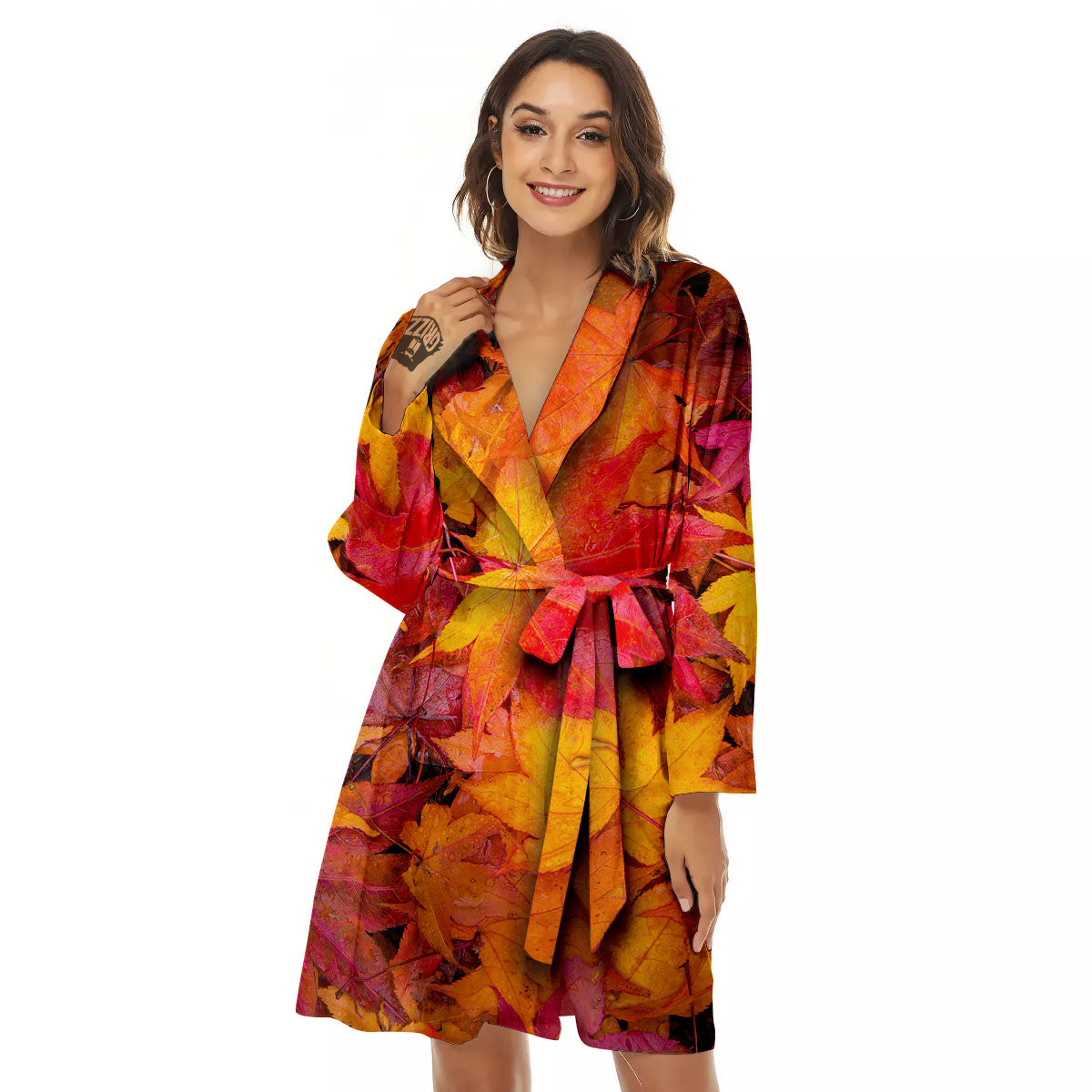 Autumn Leaves Print Women's Robe-grizzshop