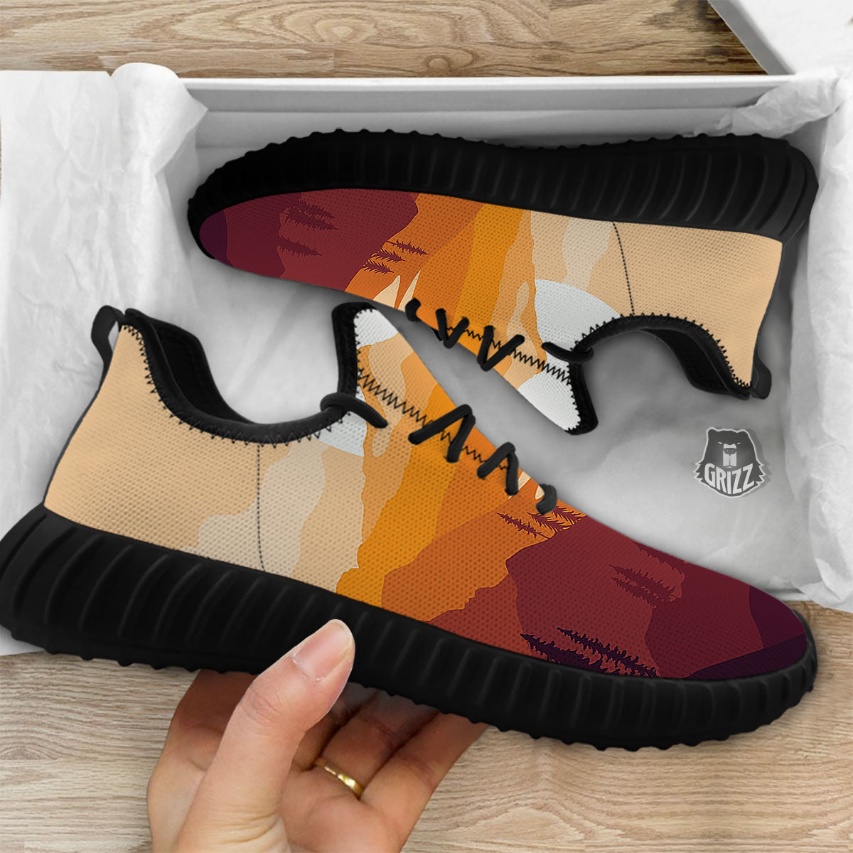 Autumn Mountains Sunset Print Black Walking Shoes-grizzshop