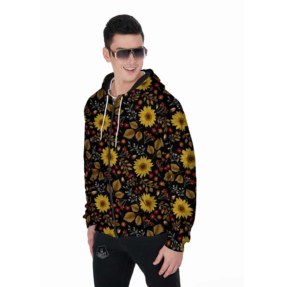 Autumn Sunflower Men's Zip Up Hoodie-grizzshop