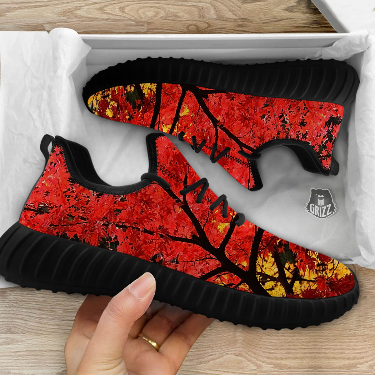 Autumn Trees Red Print Black Walking Shoes-grizzshop