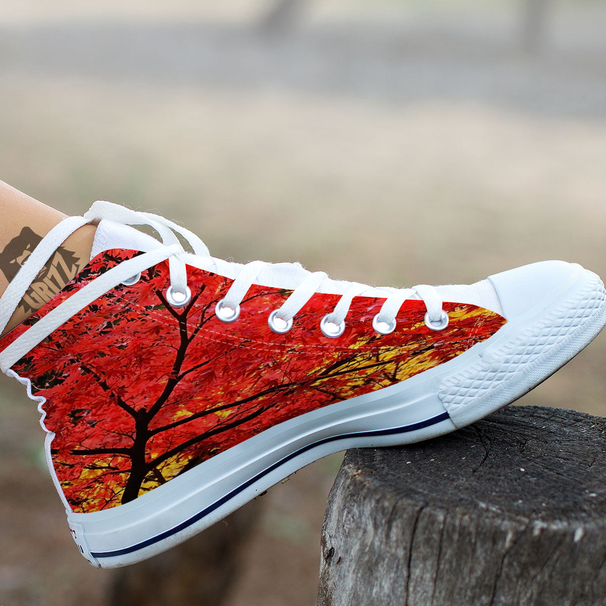 Autumn Trees Red Print White High Top Shoes-grizzshop