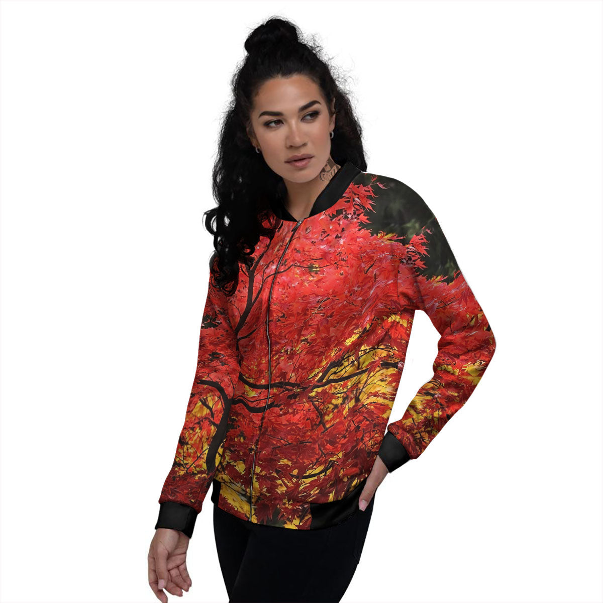 Autumn Trees Red Print Women's Bomber Jacket-grizzshop
