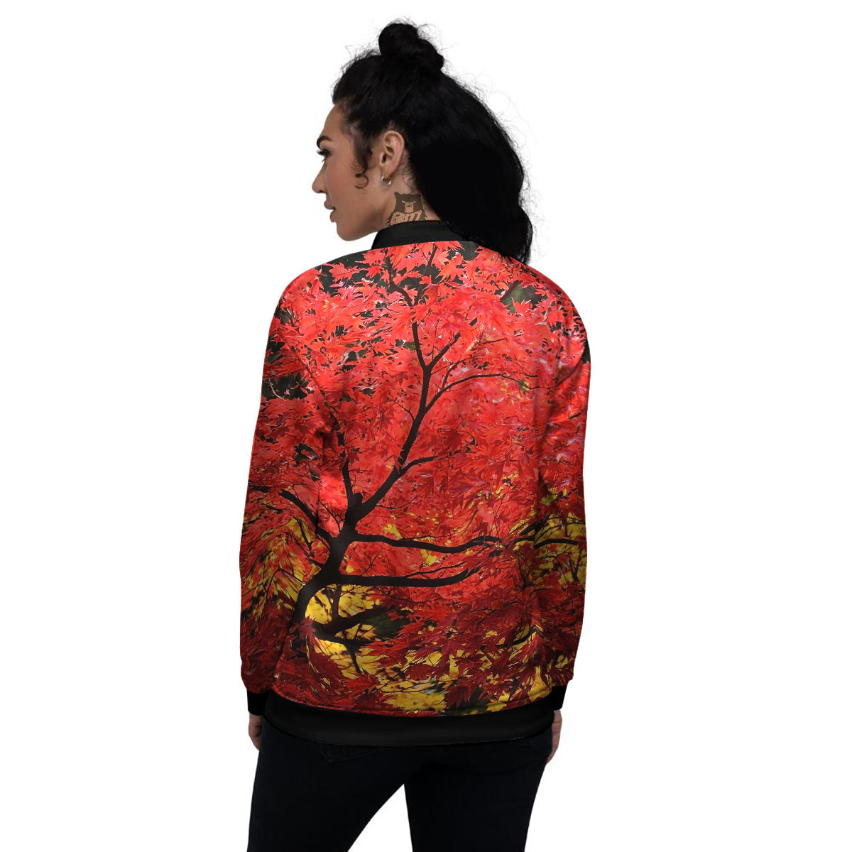 Autumn Trees Red Print Women's Bomber Jacket-grizzshop