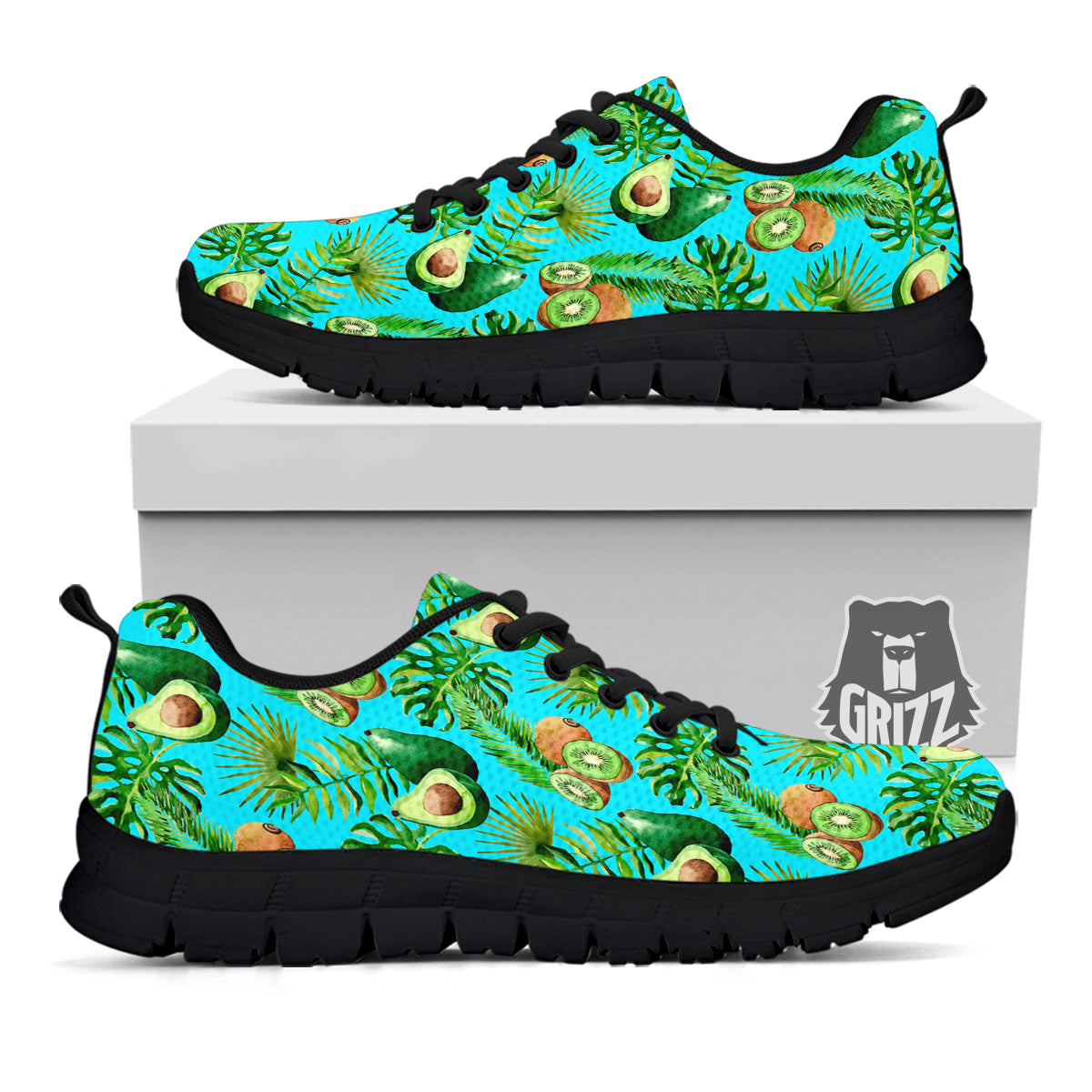 Avocado And Watercolor Kiwi Print Pattern Black Sneaker-grizzshop