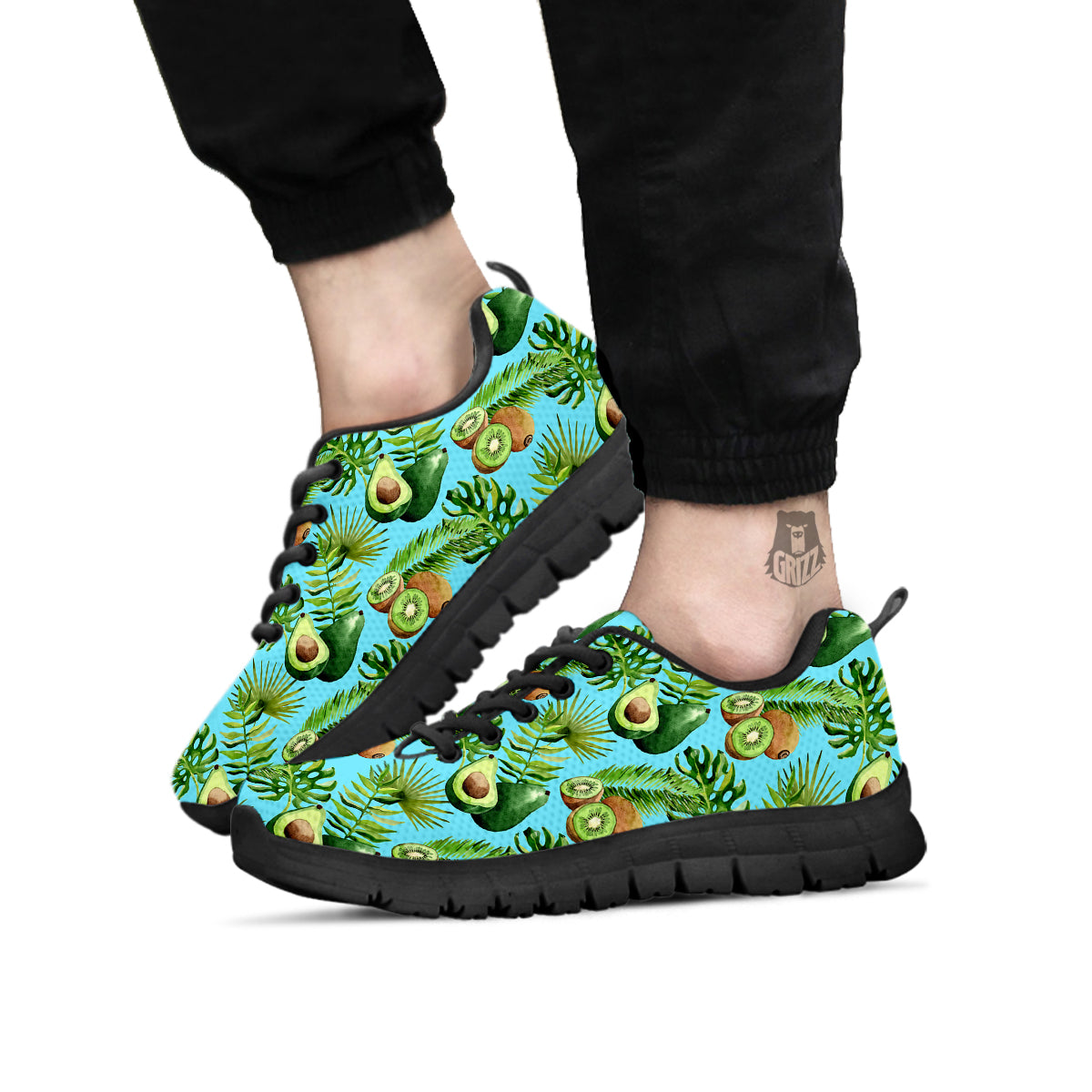 Avocado And Watercolor Kiwi Print Pattern Black Sneaker-grizzshop