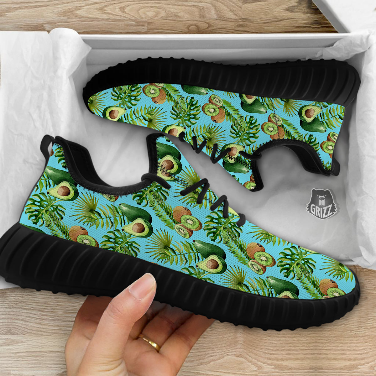 Avocado And Watercolor Kiwi Print Pattern Black Walking Shoes-grizzshop