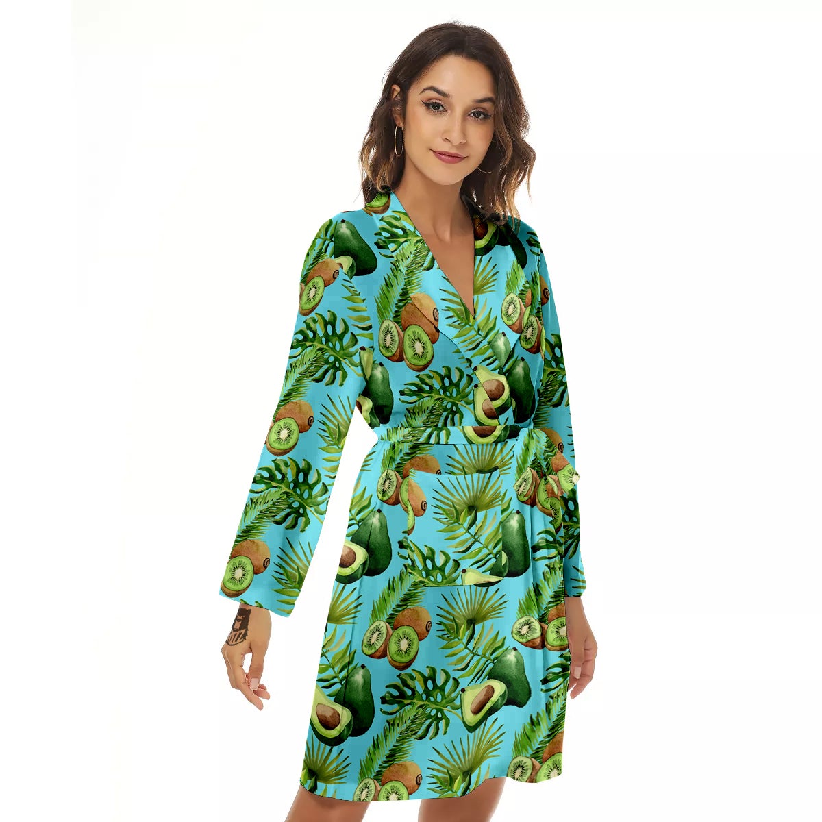Avocado And Watercolor Kiwi Print Pattern Women's Robe-grizzshop