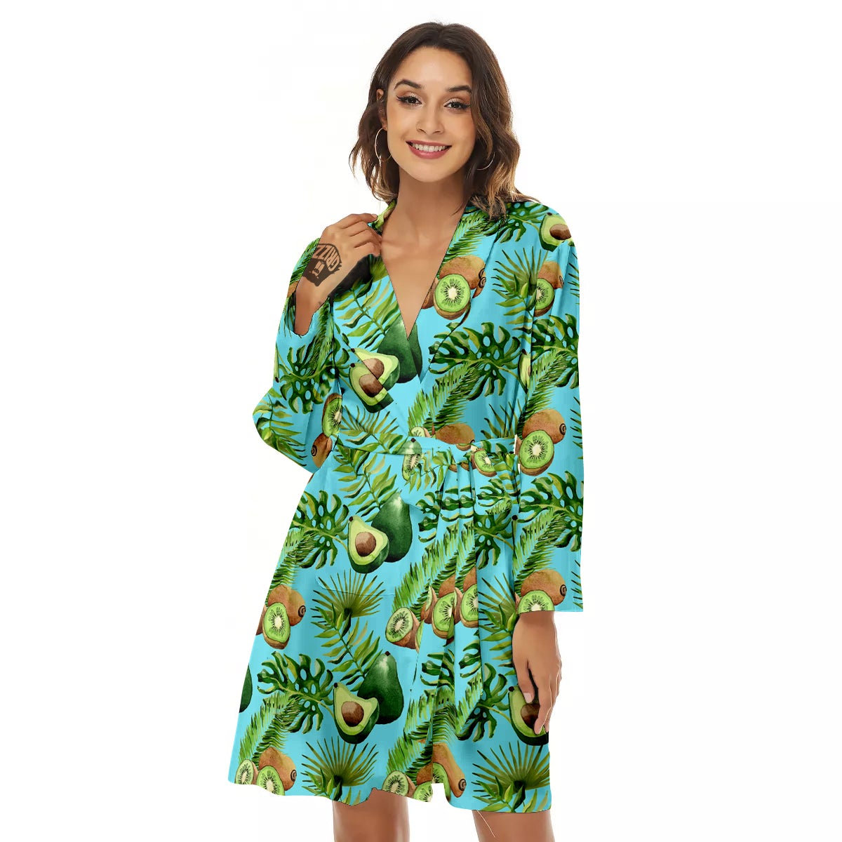 Avocado And Watercolor Kiwi Print Pattern Women's Robe-grizzshop
